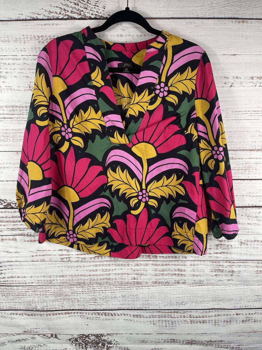 J.Crew Blouse Women's SZ XS Multicolor Floral V Neck 3/4 Sleeve Tunic Top Cotton